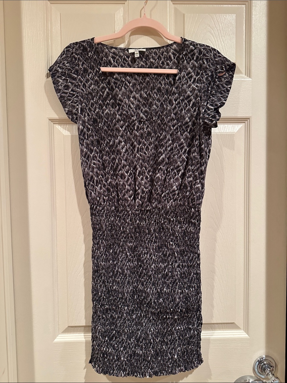 Joie Black and White Smocked Waist Short Sleeve Dress